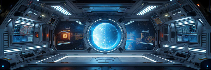 Obraz premium Gloomy cinematic photo - A gloomy and mysterious room of a spaceshipspace station, technological progress, universe