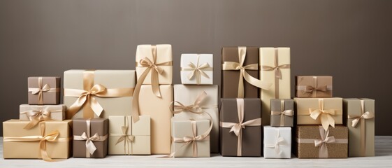 A subtle arrangement of neutral-toned gift boxes and ribbons, perfect for an understated yet elegant promotional material,
