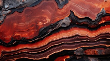 Close-up of banded iron formation with vibrant red and metallic layers, suitable for dynamic and energetic backgrounds,