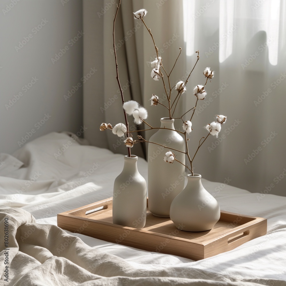 Wall mural Cotton flowers in beige ceramic vase on a wooden tray with cotton buds in the background of cozy bedroom background with large window with white linen curtains under sunlight, copy space.