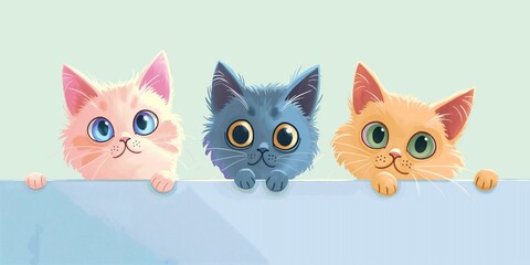 Three cute cartoon cats holding empty banner, adorable kittens animals peeking out blank board, with copy space, for cards, banner, posters design.