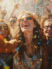 Friends having a party in the night club, raising glasses, celebrating, having fun together, confetty flying around, festival or holiday celebration, vibran