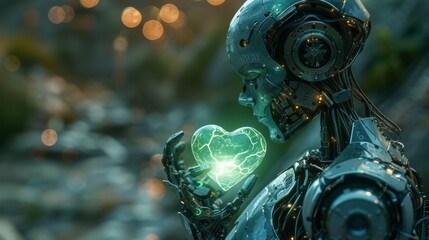 Futuristic AI Illustration: Mechanical Hand Holding Glowing Green Heart of Humanity