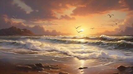 A windswept beach at sunset, with waves crashing against the shore and seagulls wheeling overhead. 