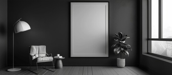 An empty room captured in black and white featuring a single chair and a mirror placed elegantly against the wall