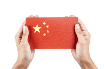hands holding board with china flag, isolated PNG, white background