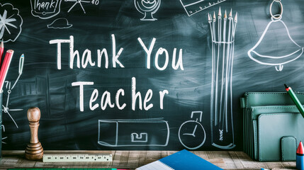 thank you teacher appreciation blackboard with school supplies