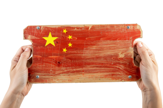 hands holding board with china flag, isolated PNG, white background