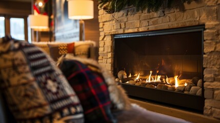 Curl up with a good book in the comfortable den where a modern fireplace with a remotecontrolled flame creates a cozy atmosphere for relaxation. 2d flat cartoon.
