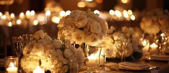 Decorative elements for a wedding reception include a beautifully set table adorned with fresh white flowers and candles,