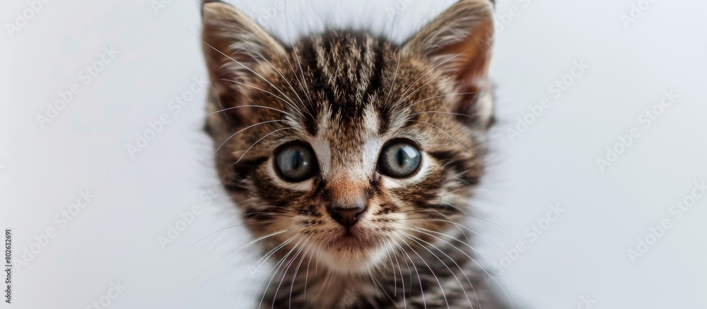 Poster a tiny kitten with a curious expression on its face looking directly into the camera