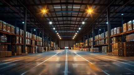 Obraz premium A large warehouse with high ceilings and lots of lighting, filled with pallets stacked all the way to the ceiling, and boxes on top. 