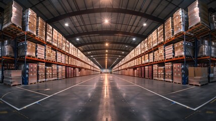 A large warehouse with high ceilings and lots of lighting, filled with pallets stacked all the way to the ceiling, and boxes on top. 