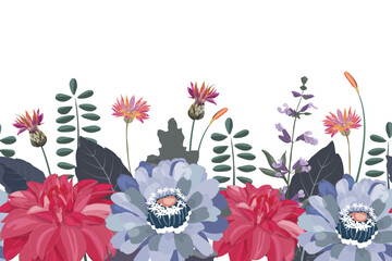 Vector floral seamless pattern, border. Zinnias, dahlias and cornflowers