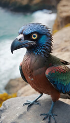 bird with blue eyes with multi colors wings sitting on a rock by the ocean, inquisitive look, sharp looking portrait