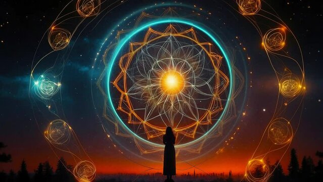 Silhouette of a woman in front of a symbol of mystical geometry.  sacred geometry background, mandala, meditation concept, woman, calmness