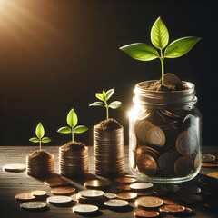 Investment concept, Coins in jar with green plant on wooden table and dark background