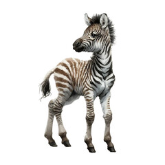 Black and white striped zebra standing alone (isolated) on a white background