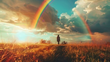 Craft a whimsical scene featuring a rainbow-like array