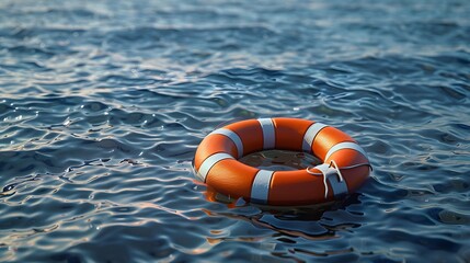 Naklejka premium A life ring floating on the ocean, representing an emergency survival tool for ship crew members in need of help. Web banner with empty space