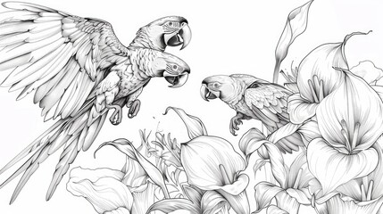 Botanical Art with Parrot in Flight
