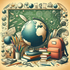 Back to school background with school supplies and globe. Vector illustration.