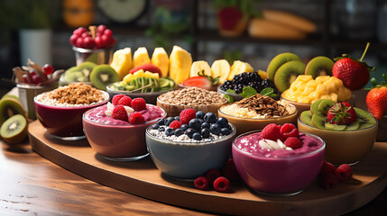 Smoothie bar scene with a variety of colorful smoothie bowls, toppings like granola and fruit,...