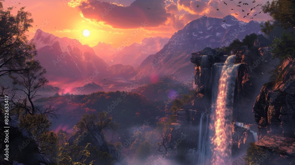 Poster high up in the mountains a waterfall cascades down a series of rocky ledges its crashing waters crea