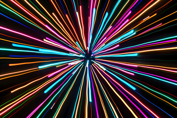 Radiant neon starburst with vibrant lights. Abstract art on black background.