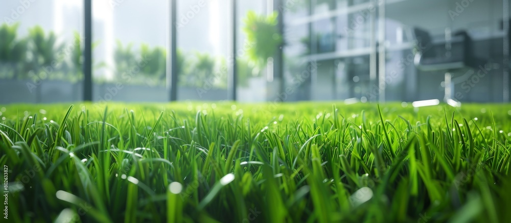 Poster The image showcases a detailed view of a lush green grass field with various buildings visible in the far background