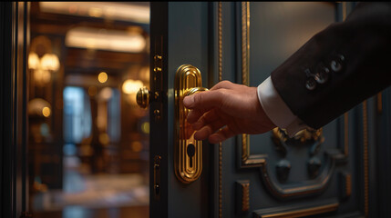 close-up of high-end luxury hotel's butler or room service opening the room's door to a guest, VIP, 5 star stay, top tier