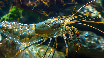 Giant Freshwater Prawn in pond (Macrobrachium rosenbergii), shrimp farm