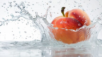 Peach in water splash, fresh juicy peach