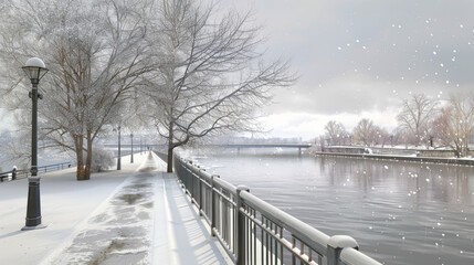 winter scene snowy river walkway with lamp posts and trees