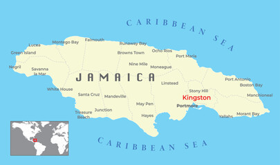 Jamaica Political Map and capital Kingston, with important cities,