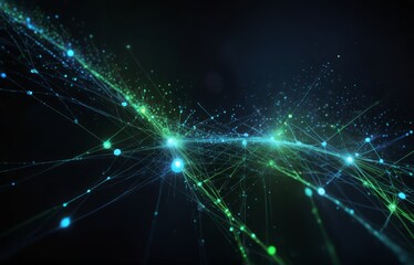 Dreamscape glowing light blue and green data flow inter connected ness of digital networks bokeh background