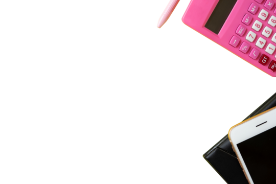 mobile phone and calculator isolated on white background with text space for education or business concept