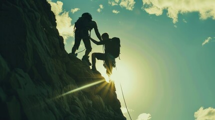 Two men are climbing a mountain, one of them is wearing a backpack.