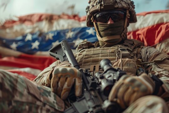 A soldier is sitting on a flag with a rifle in his hand. The flag is red, white, and blue