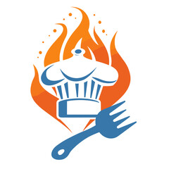 graphic representing a chef's hat and a fork with flames, symbolizing cooking and cuisine
