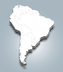 Obraz premium South America 3d map with countries borders