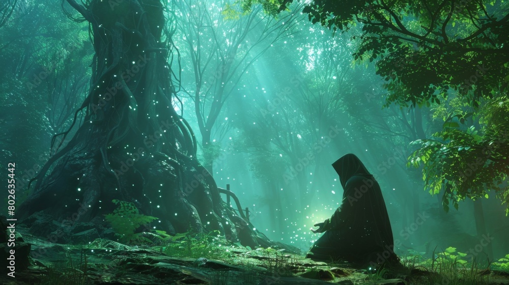 Poster deep in a dense mystical forest a hooded figure kneels before a towering emerald tree. with eyes clo