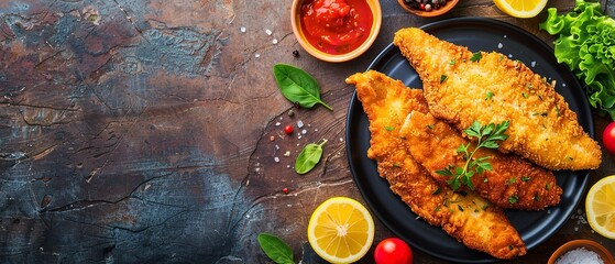 A top view of a plate of fried catfish kept on a kitchen table with space and clean wooden backdrop for text or product advertisement, Generative AI.