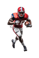 Dynamic American football player in mid-action on a transparent background, showcasing strength and focus. Generative AI