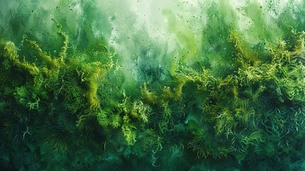 Obraz premium A painting of a lush green forest with a lot of green and yellow colors