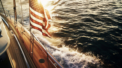 American flag on boat sailing at sunset