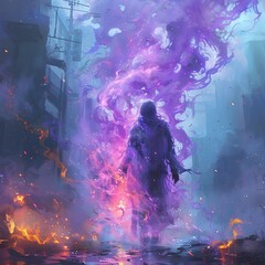 A person is walking through a city with purple smoke and fire