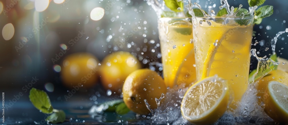 Poster glass filled with refreshing lemonade featuring a delightful splash of water creating a unique visua