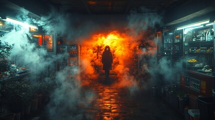 A person is walking through a smoke filled room
