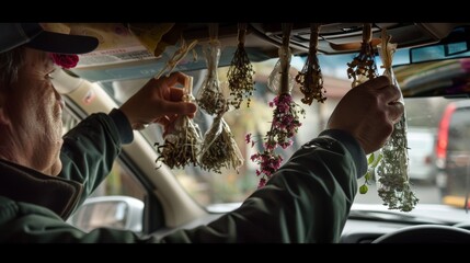 A man hangs a sachet of dried herbs and flowers in his car to create a refreshing and energizing commute. - obrazy, fototapety, plakaty